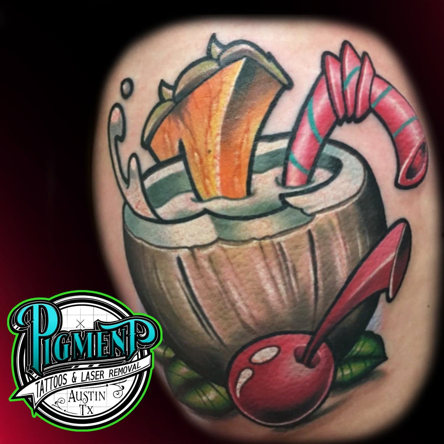 New school piña colada tattoo by Jeremy Miller