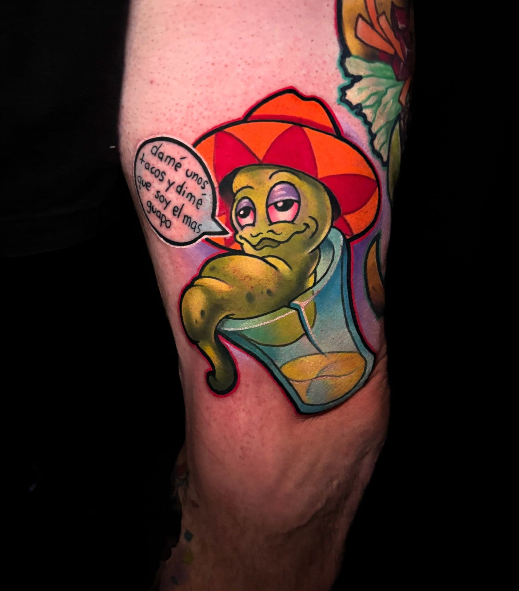 New school tequila worm tattoo by Jeremy Miller