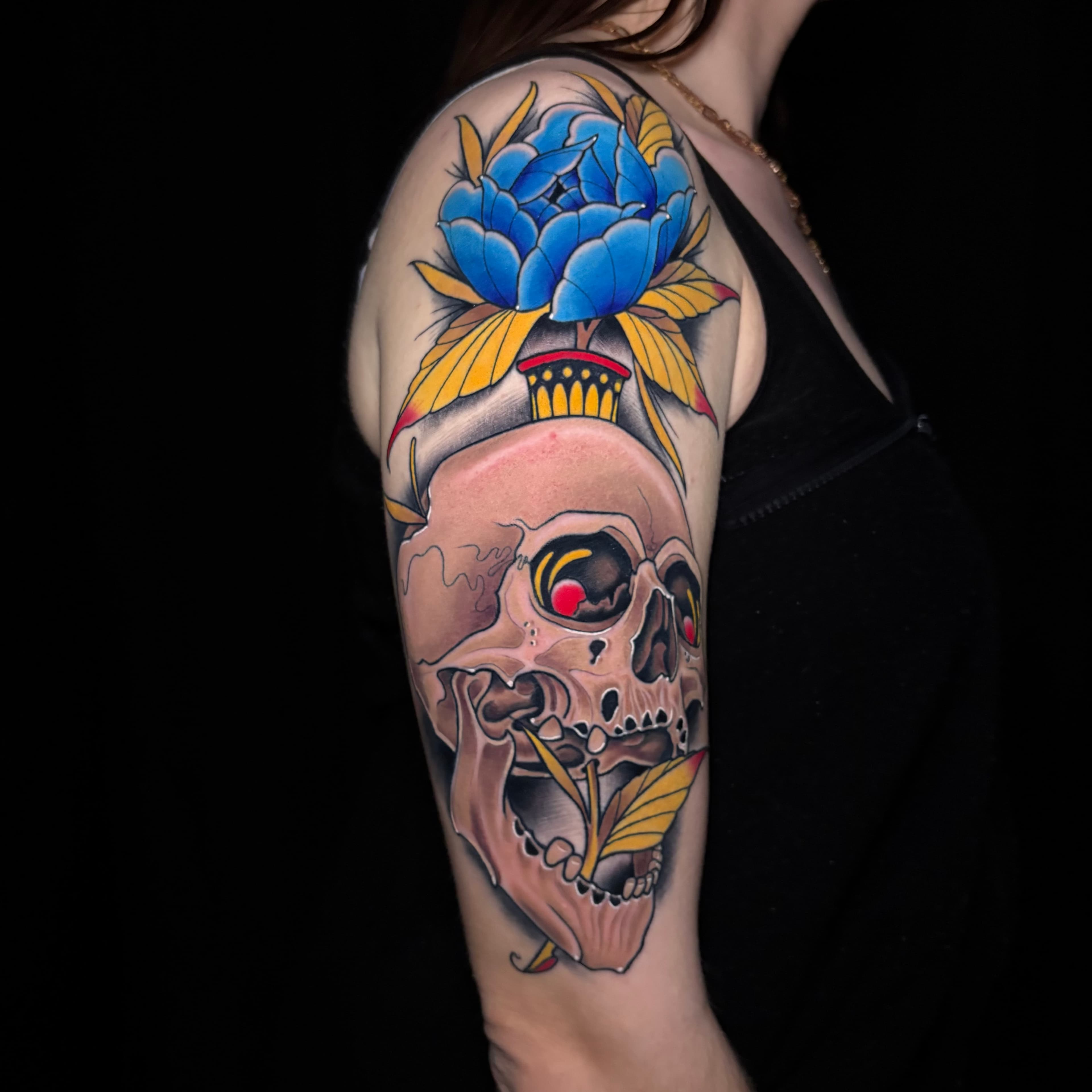 Neo traditional skull vase tattoo by Tanner Riggs