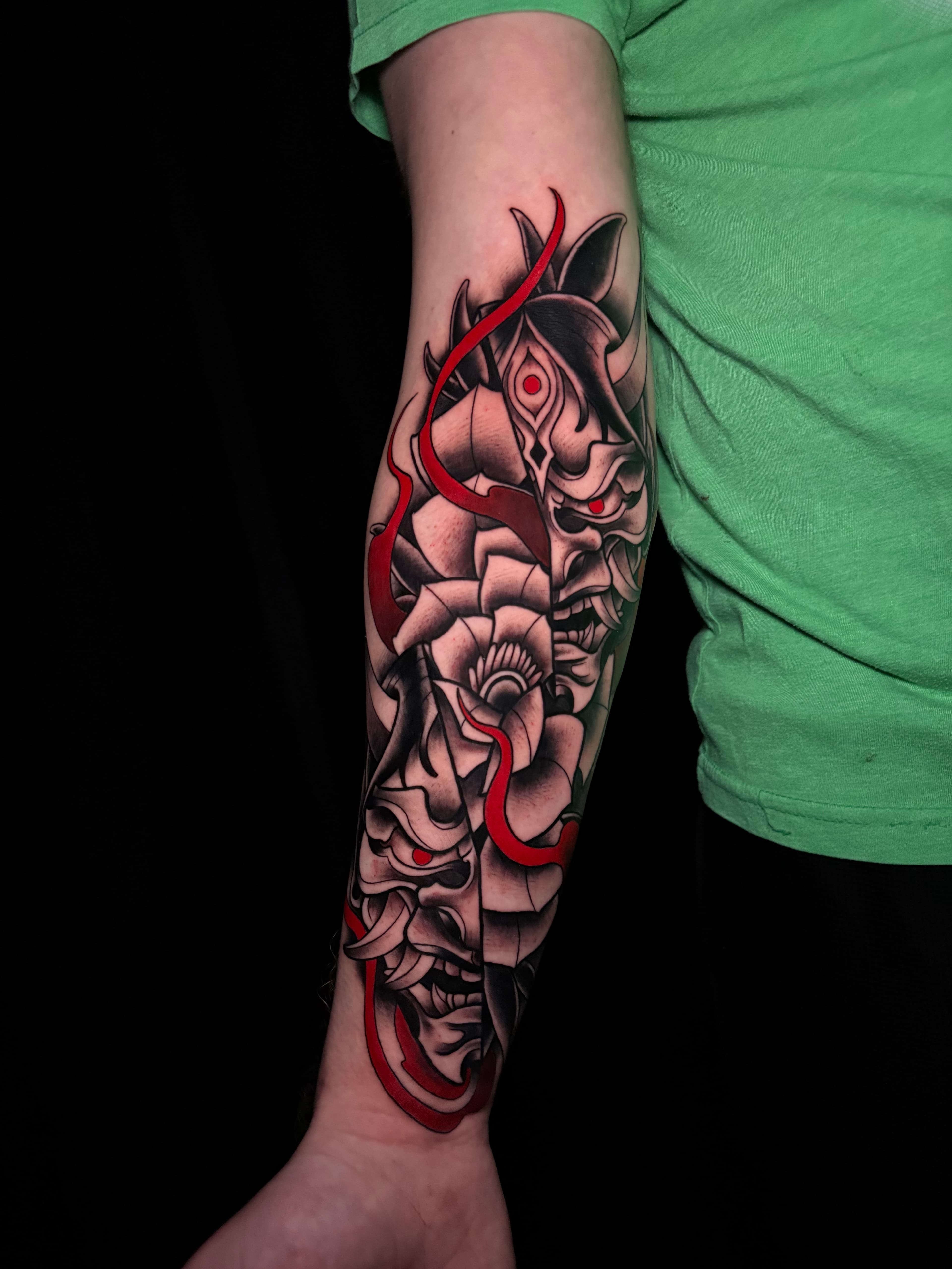 Neo traditional henya mask with peony tattoo by Tanner Riggs